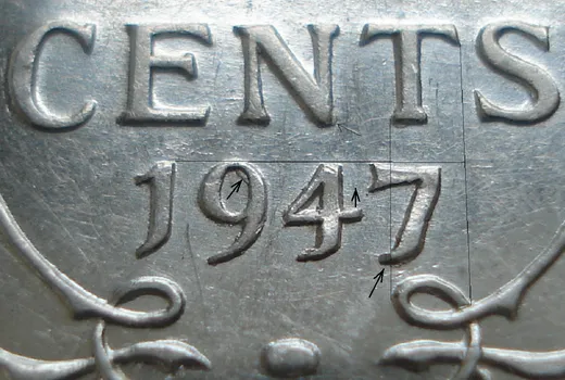 Narrow Date, Near 7, Repunched 9